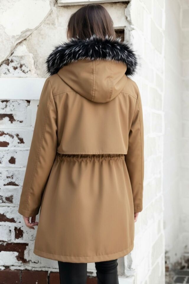 Kapüşonlu Kürk Astarlı Fermuarlı Mont KS2529 42 - Taba