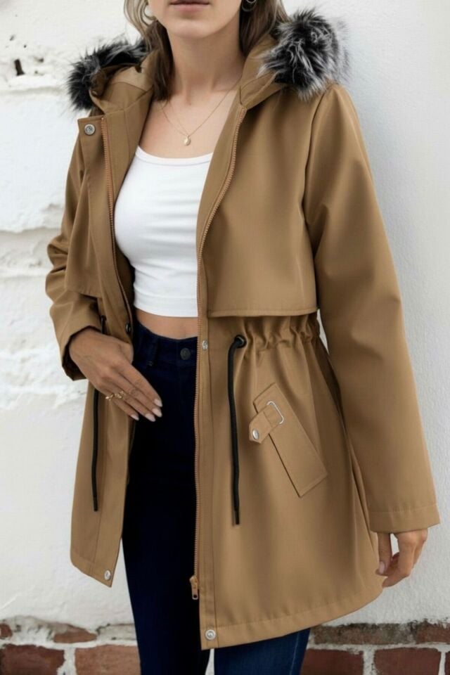 Kapüşonlu Kürk Astarlı Fermuarlı Mont KS2529 42 - Taba