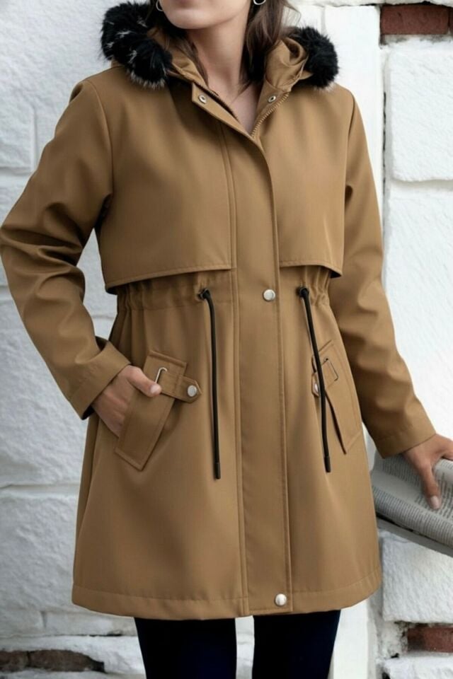 Kapüşonlu Kürk Astarlı Fermuarlı Mont KS2529 42 - Taba