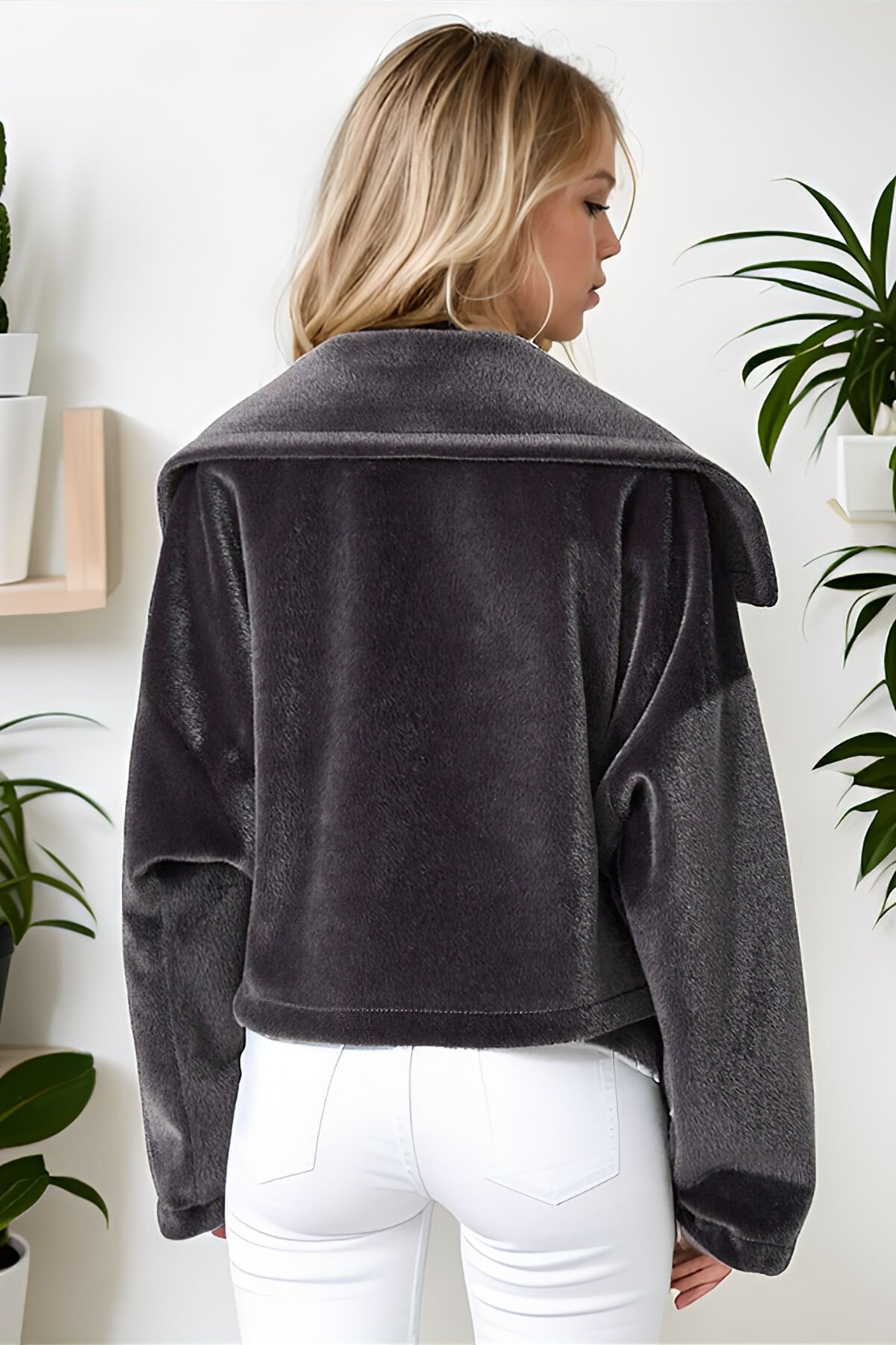 Kadın Oversize Yarasa Kol Kısa Mont Füme KS2534 L - Füme