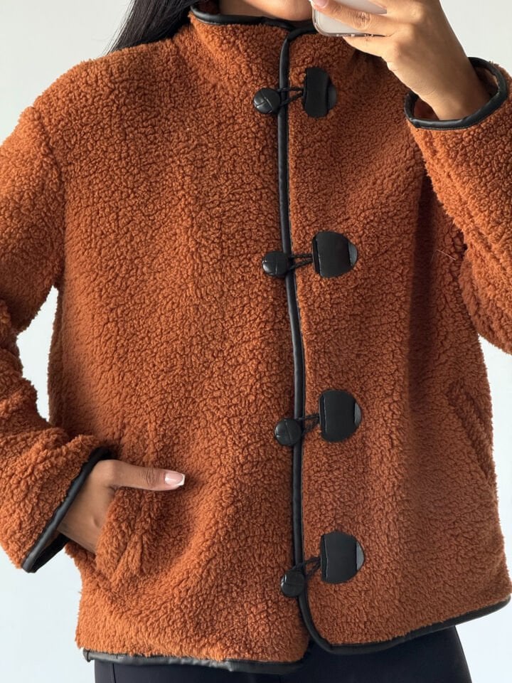 Peluş Deri Biyeli Çoban Düğmeli Mont Tarcın - XL