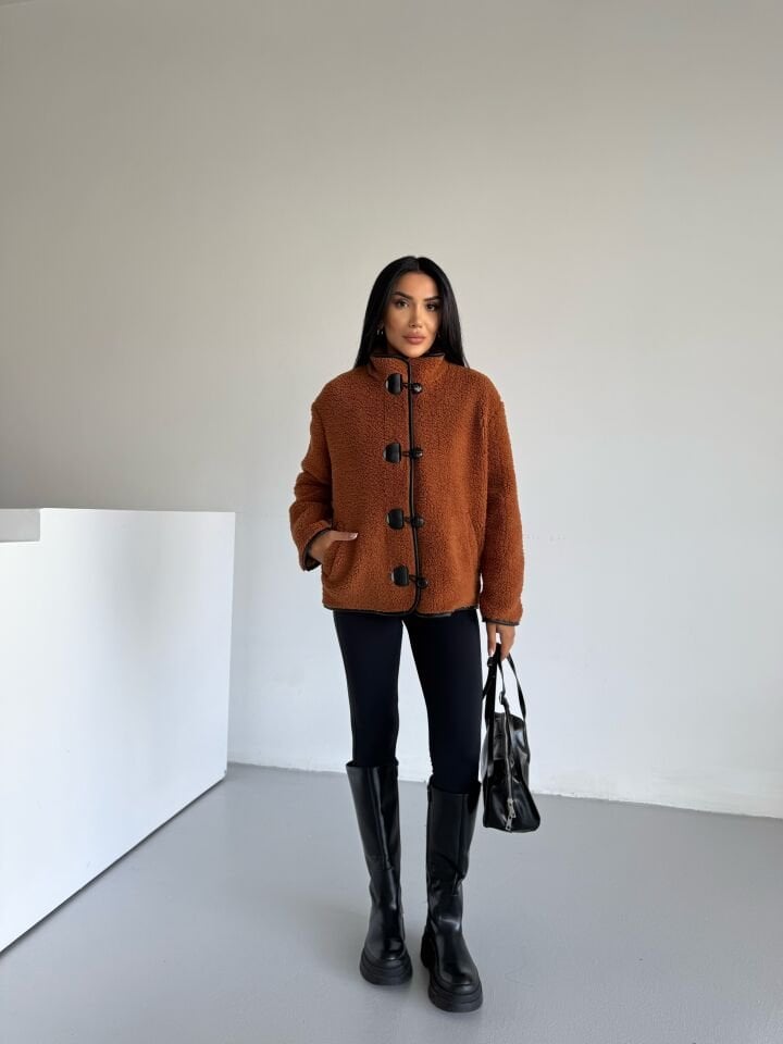 Peluş Deri Biyeli Çoban Düğmeli Mont Tarcın - XL