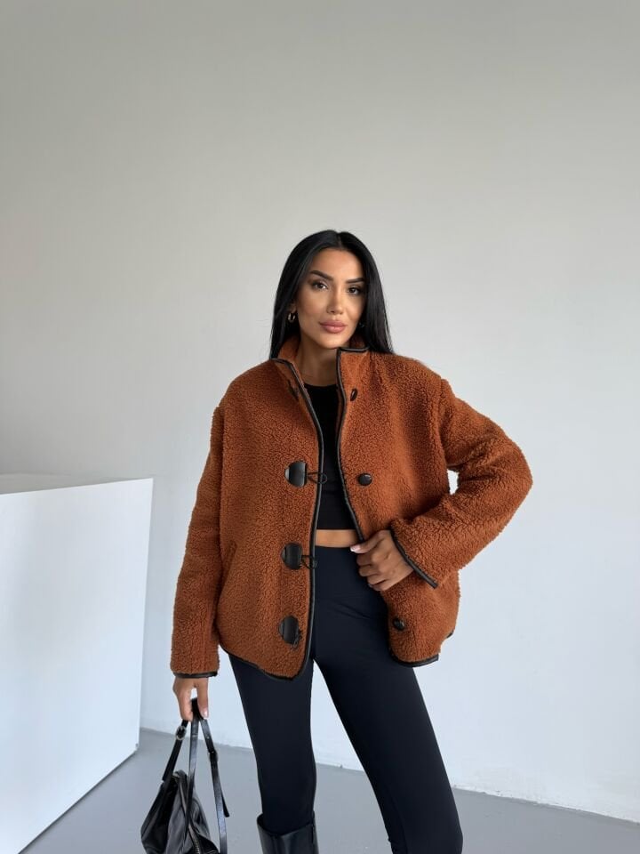 Peluş Deri Biyeli Çoban Düğmeli Mont Tarcın - XL