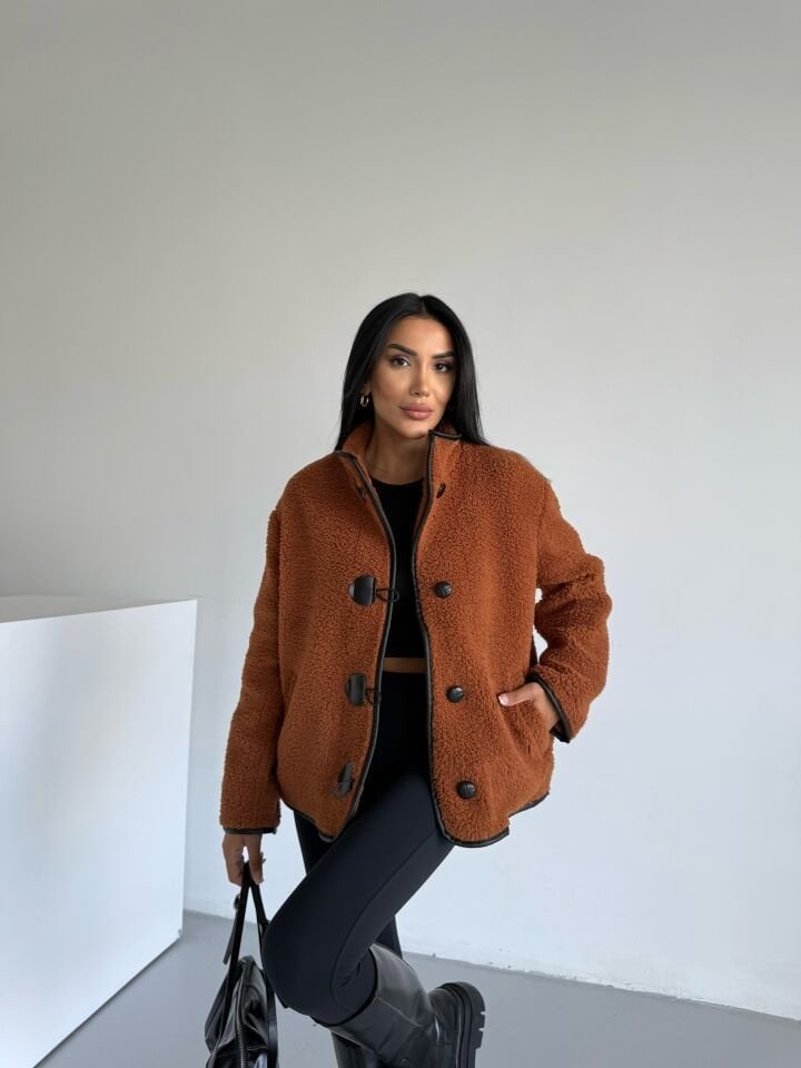 Peluş Deri Biyeli Çoban Düğmeli Mont Tarcın - XL