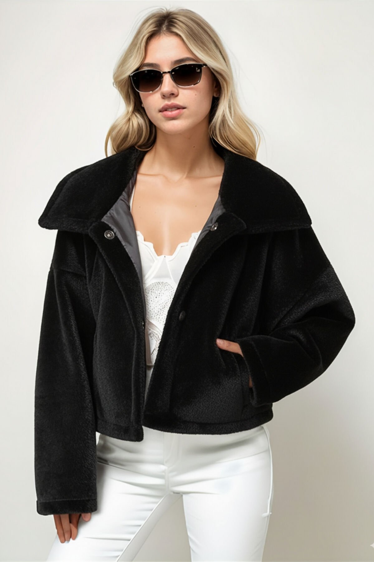 Kadın Oversize Yarasa Kol Kısa Mont Füme KS2534 S - siyah