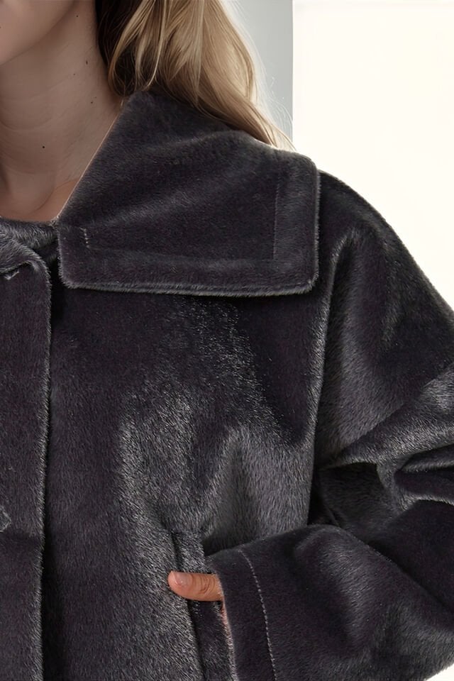 Kadın Oversize Yarasa Kol Kısa Mont Füme KS2534 M - Koyu Gri