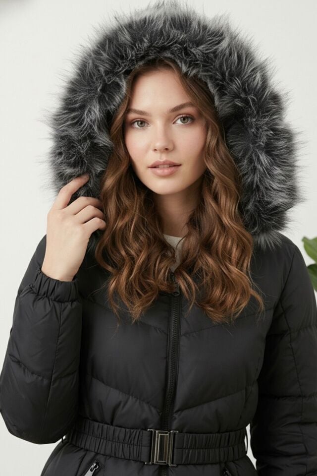 Yeni Sezon Kadın Kapüşonlu Şişme Mont KS2574 38 - siyah