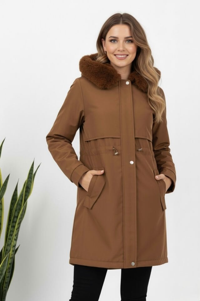 Kadın Kürk Kapüşonlu Astarlı Fermuarlı Siyah Kaban KS2546 40 - Taba