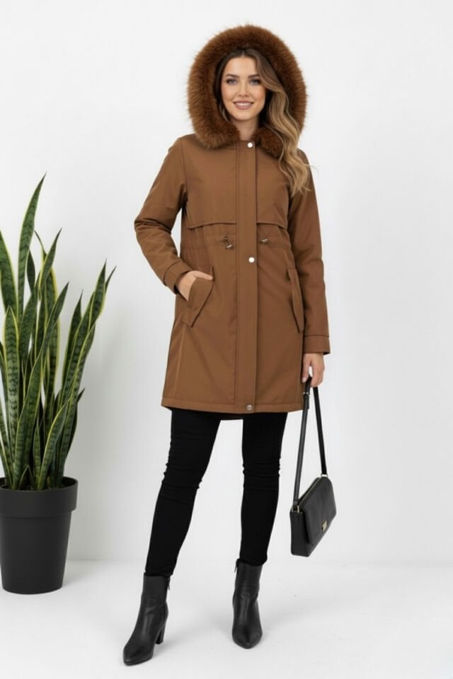 Kadın Kürk Kapüşonlu Astarlı Fermuarlı Siyah Kaban KS2546 40 - Taba