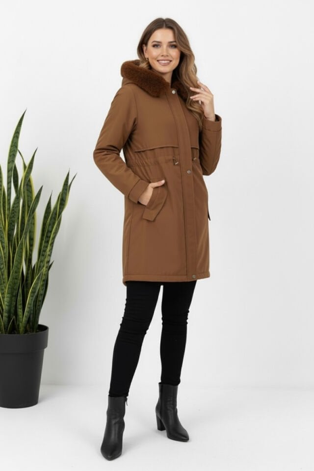 Kadın Kürk Kapüşonlu Astarlı Fermuarlı Siyah Kaban KS2546 40 - Taba