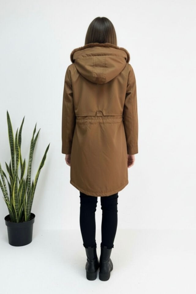 Kadın Kürk Kapüşonlu Astarlı Fermuarlı Siyah Kaban KS2546 40 - Taba