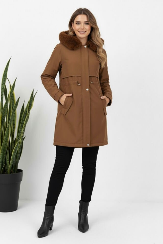 Kadın Kürk Kapüşonlu Astarlı Fermuarlı Siyah Kaban KS2546 40 - Taba