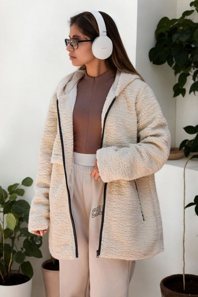 Peluş Deri Biyeli Kapüşonlu Fermuarlı Mont Bej KS2501 S - Bej