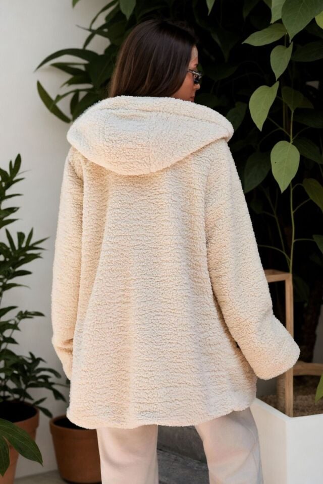 Peluş Deri Biyeli Kapüşonlu Fermuarlı Mont Bej KS2501 S - Bej