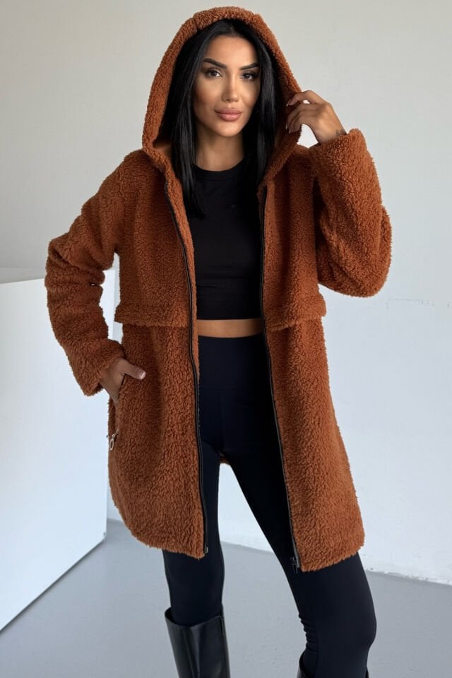 Peluş Deri Biyeli Kapüşonlu Fermuarlı Mont