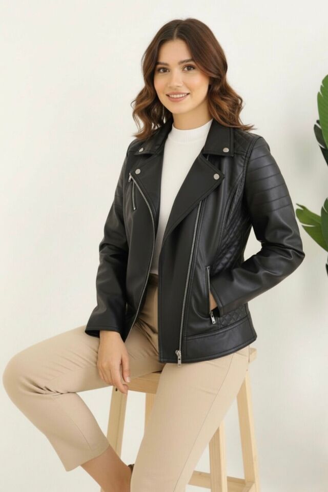 Polar Astarlı Yeni Sezon Kadın Deri Mont KS2565 38 - siyah