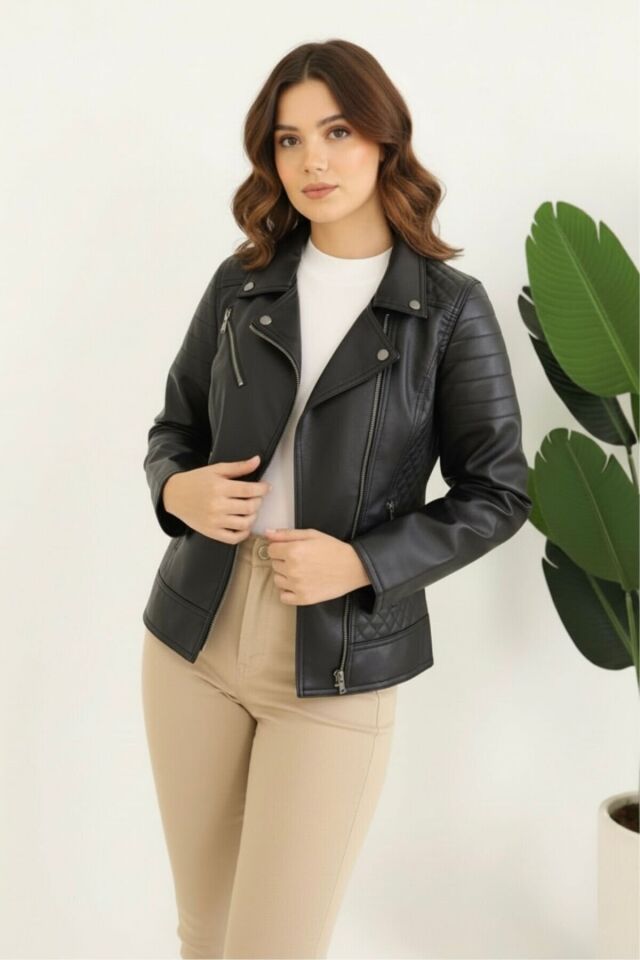 Polar Astarlı Yeni Sezon Kadın Deri Mont KS2565 38 - siyah