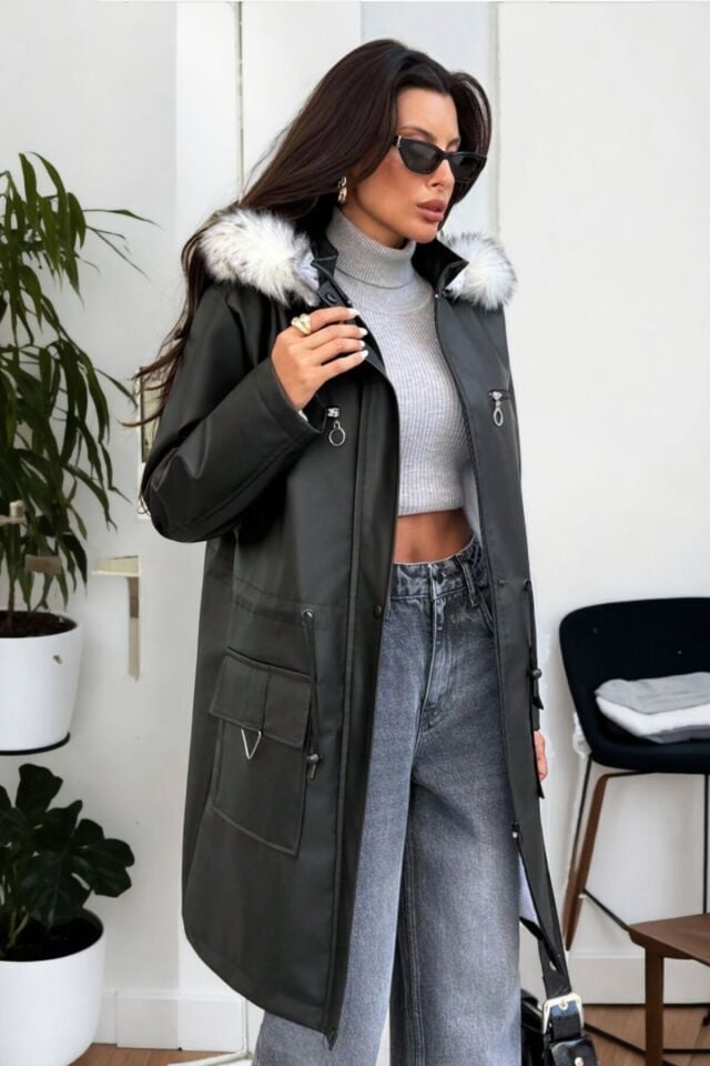 Deri Kapüşonlu Kadın Peluş Astarlı Mont Siyah KS2548 38 - siyah