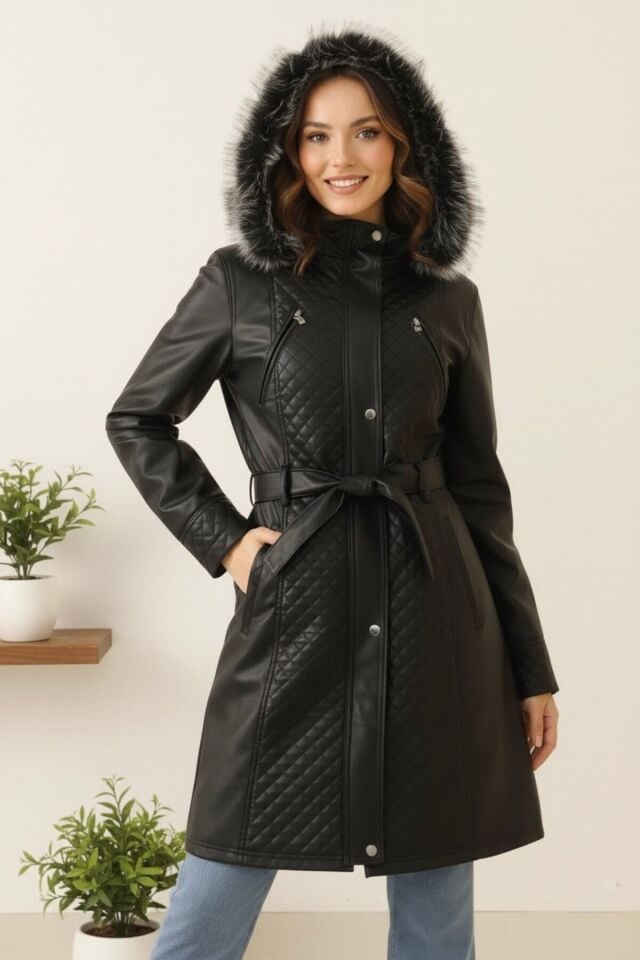 Deri Kapüşonlu Polar Astarlı Yeni Sezon Kadın Mont KS2559 40 - siyah