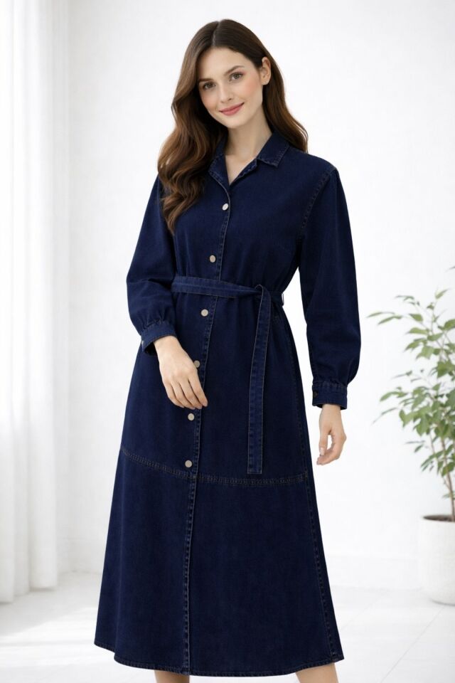 Kadın  Günlük Şık Kuşaklı Denim Kot  Elbise YZ2605 Çok Renkli - 48
