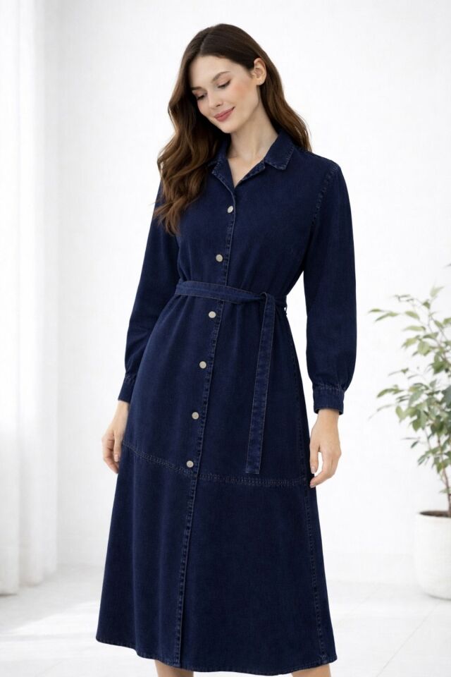 Kadın  Günlük Şık Kuşaklı Denim Kot  Elbise YZ2605 Çok Renkli - 48