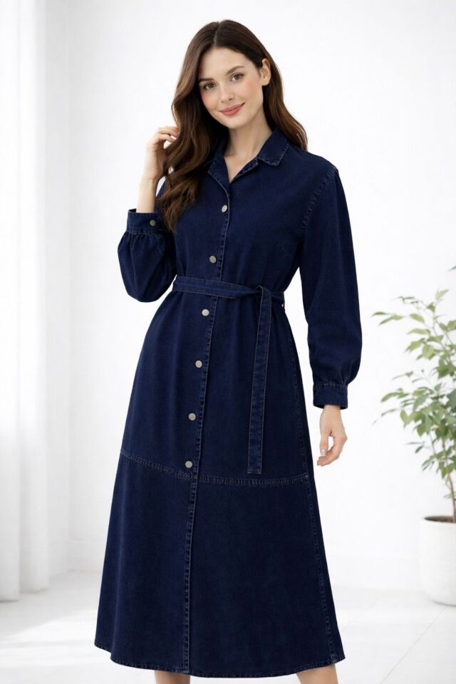 Kadın  Günlük Şık Kuşaklı Denim Kot  Elbise YZ2605 Çok Renkli - 48