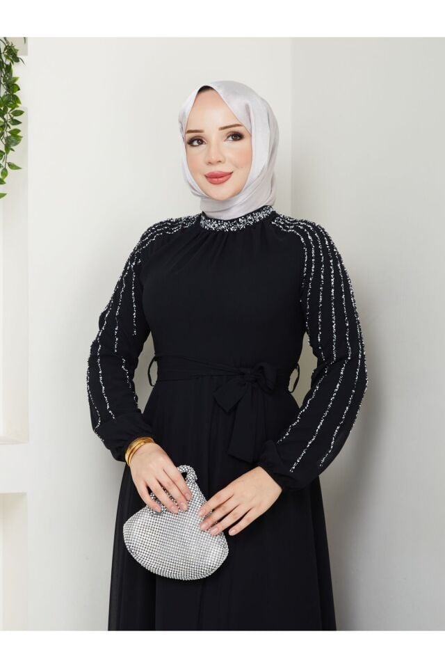Kadın Kolları İşlemeli Astarlı Abiye Elbise YZ2501 siyah - 54