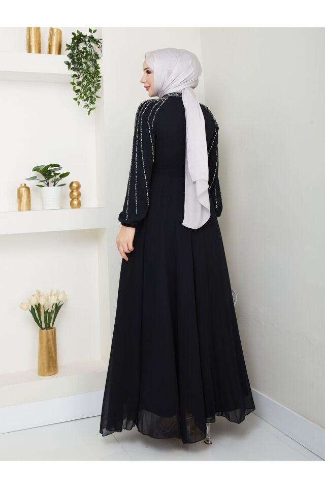 Kadın Kolları İşlemeli Astarlı Abiye Elbise YZ2501 siyah - 54