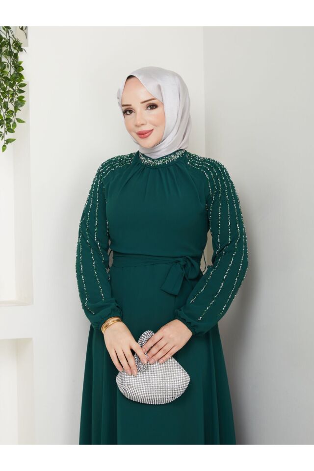 Kadın Kolları İşlemeli Astarlı Abiye Elbise YZ2501 Zümrüt Yeşili - 54