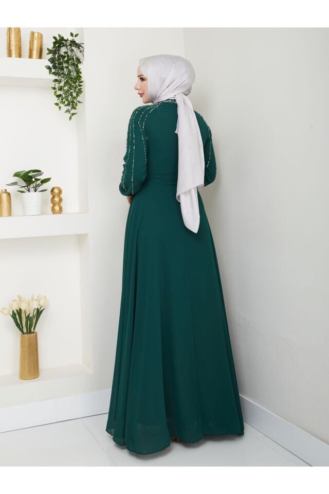 Kadın Kolları İşlemeli Astarlı Abiye Elbise YZ2501 Zümrüt Yeşili - 54