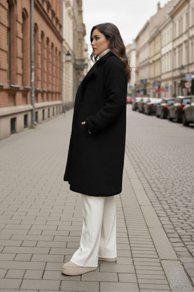 Peluş Düğmeli Astarlı Kadın Siyah Kaban KS2544 42 - siyah