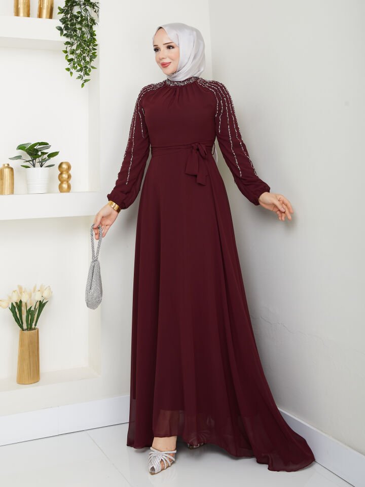 Kolu Taşlı Astarlı Şifon Elbise Bordo - 48