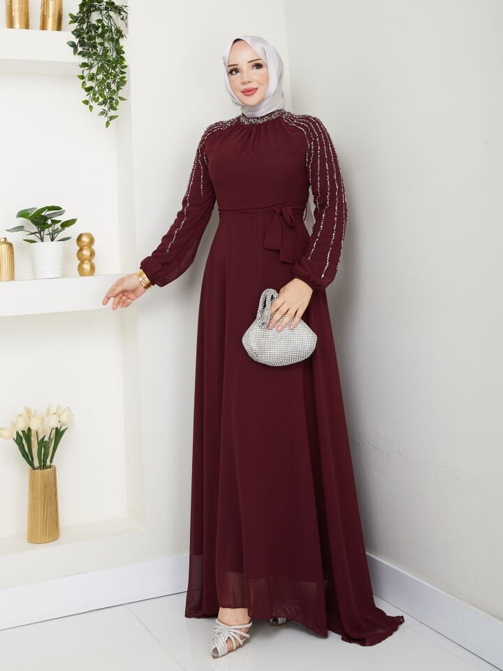 Kolu Taşlı Astarlı Şifon Elbise Bordo - 48
