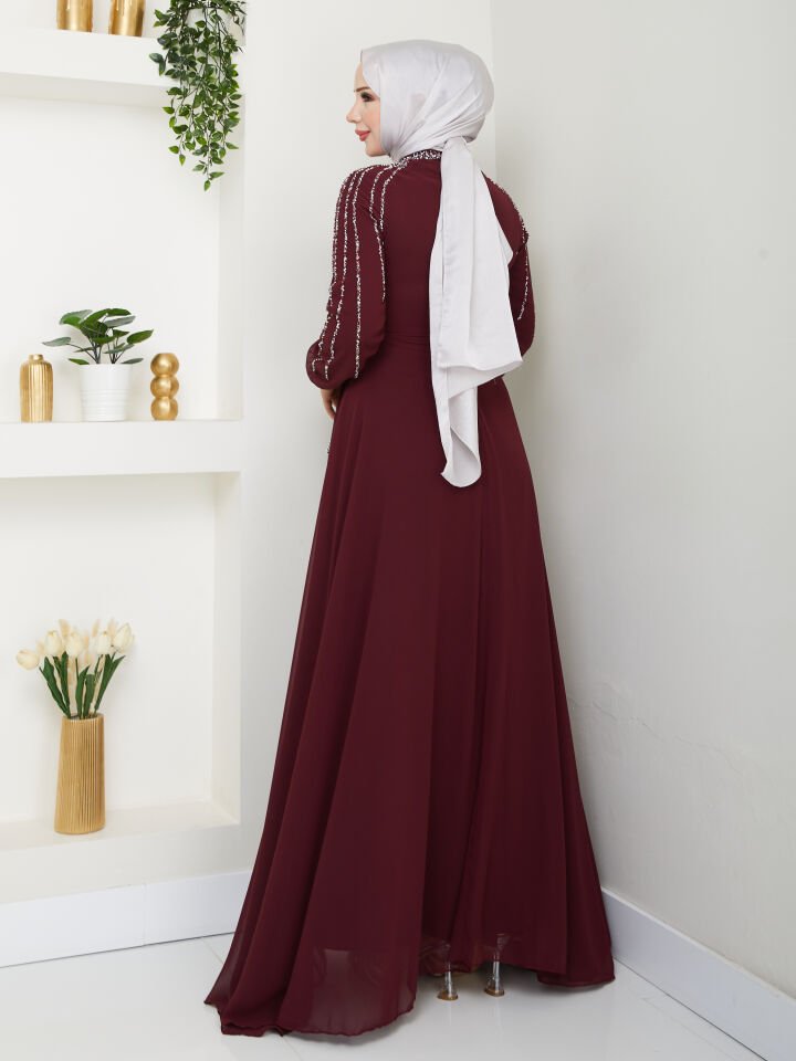 Kolu Taşlı Astarlı Şifon Elbise Bordo - 48