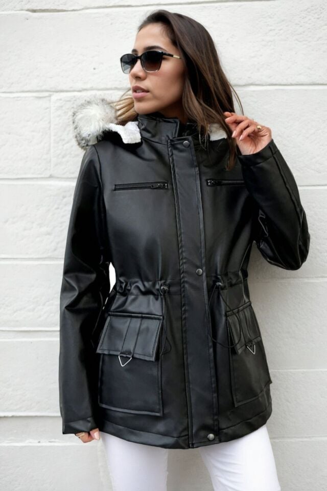 Kadın Deri Kapüşonlu Peluş Astarlı Mont Bej KS2527 L - siyah