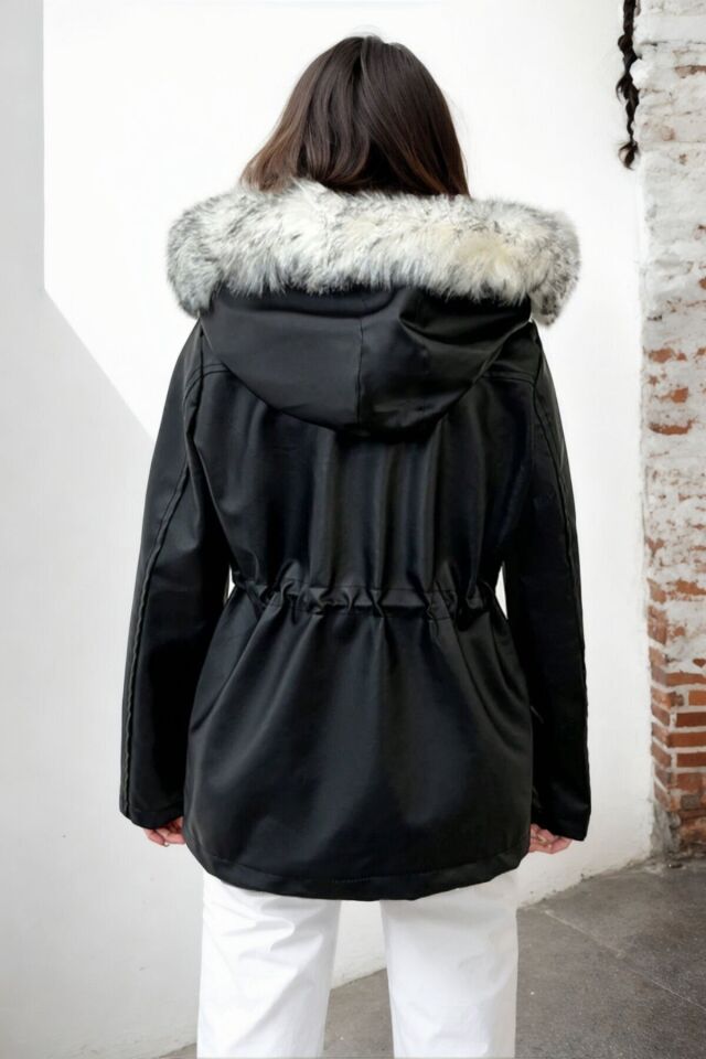 Kadın Deri Kapüşonlu Peluş Astarlı Mont Bej KS2527 L - siyah