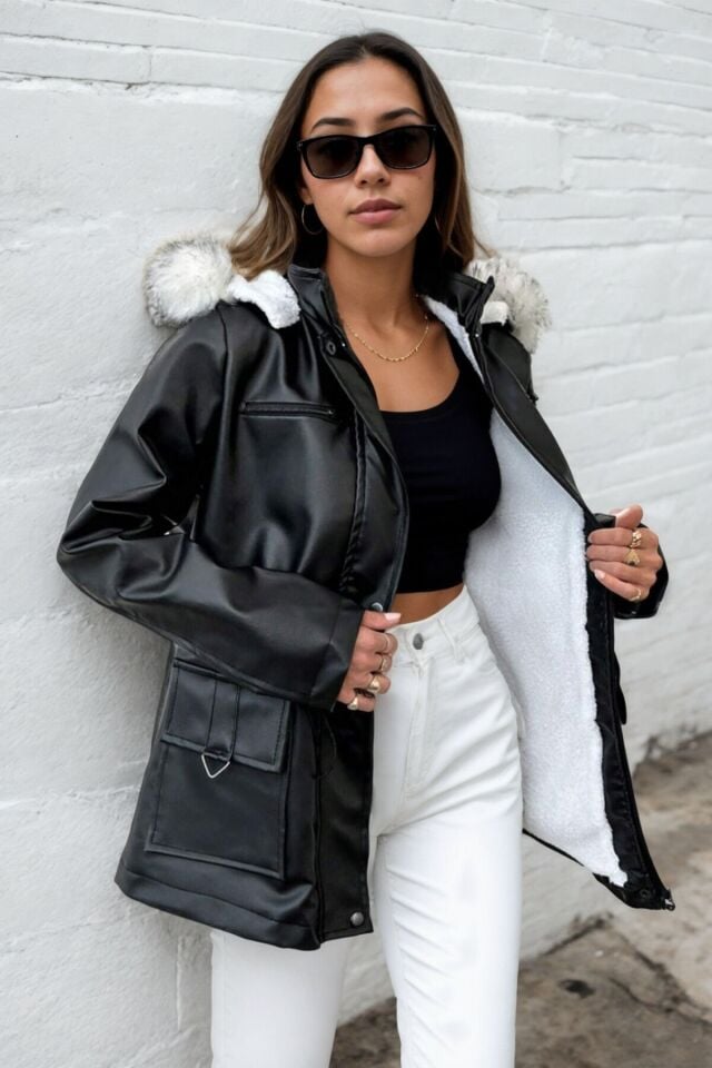 Kadın Deri Kapüşonlu Peluş Astarlı Mont Bej KS2527 L - siyah