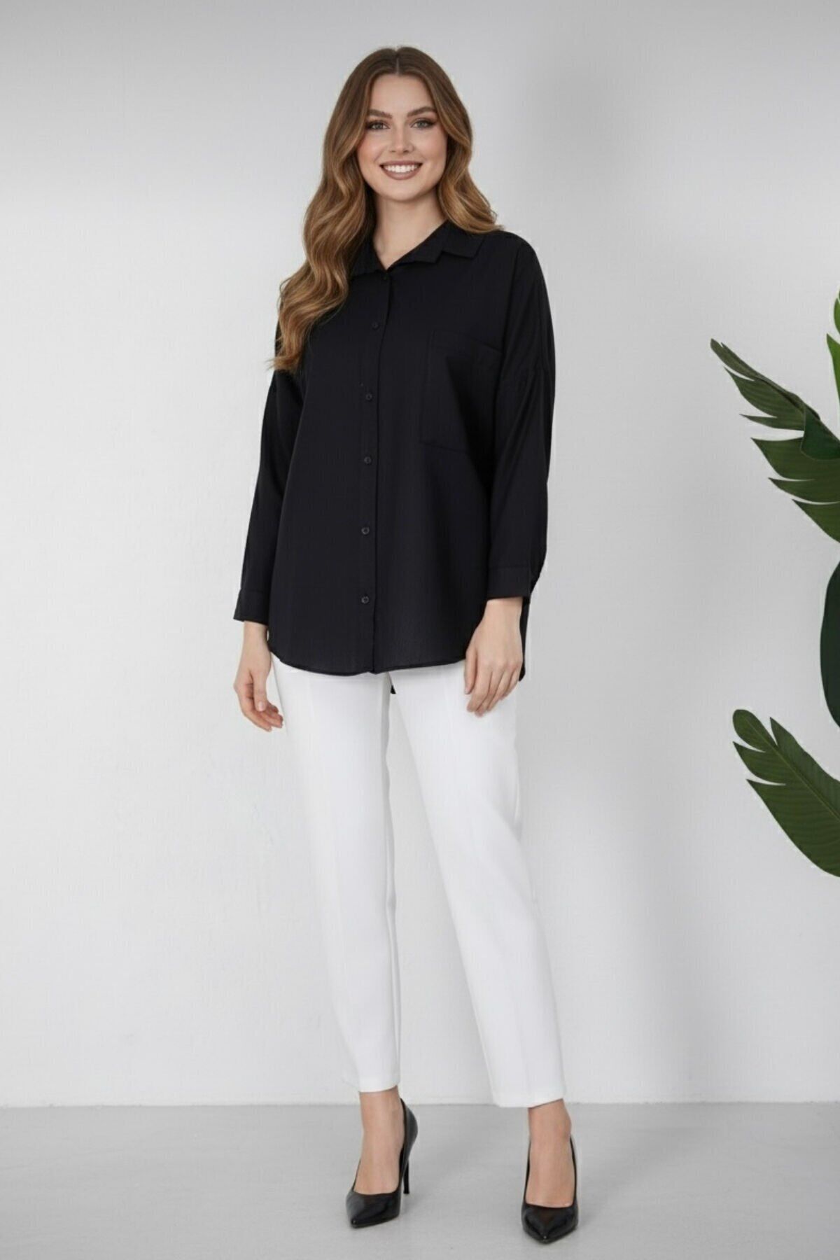 Kadın Oversize Yeni Sezon Pera Keten Gömlek 44 - siyah