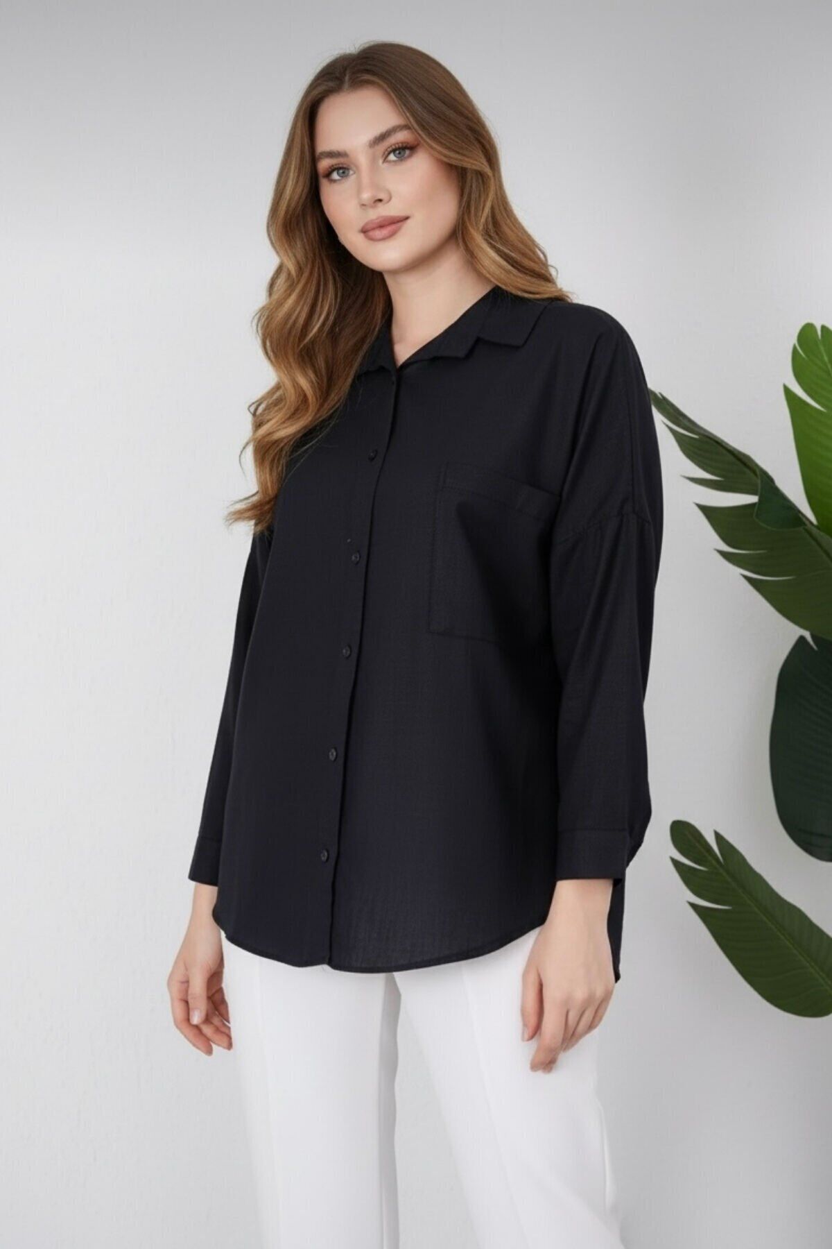 Kadın Oversize Yeni Sezon Pera Keten Gömlek 42 - siyah
