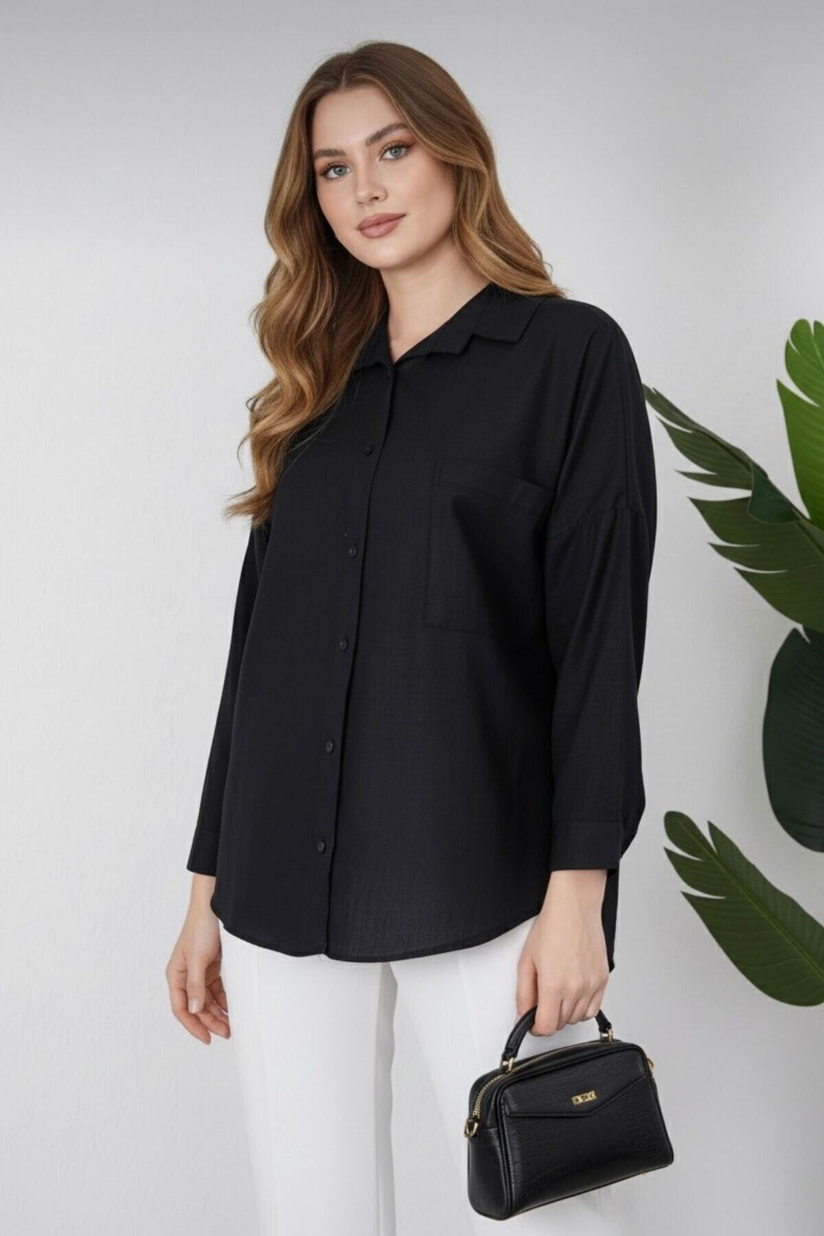 Kadın Oversize Yeni Sezon Pera Keten Gömlek 42 - siyah
