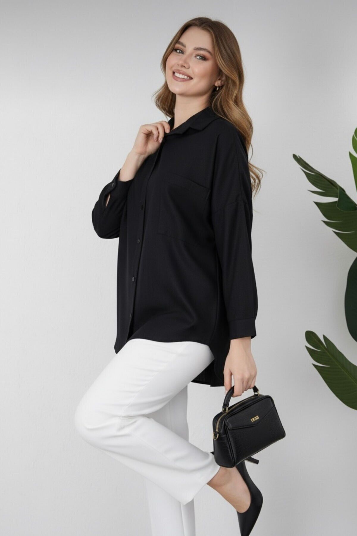 Kadın Oversize Yeni Sezon Pera Keten Gömlek 42 - siyah