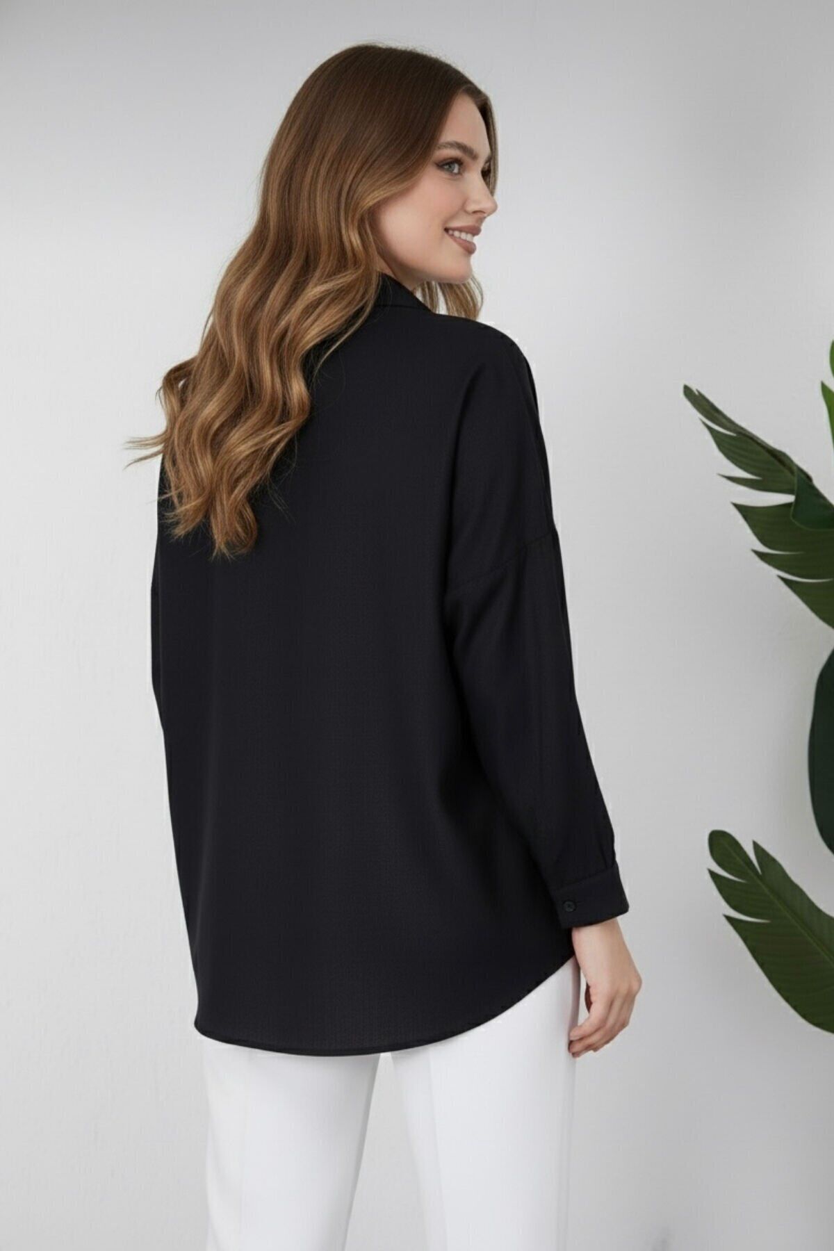 Kadın Oversize Yeni Sezon Pera Keten Gömlek 42 - siyah