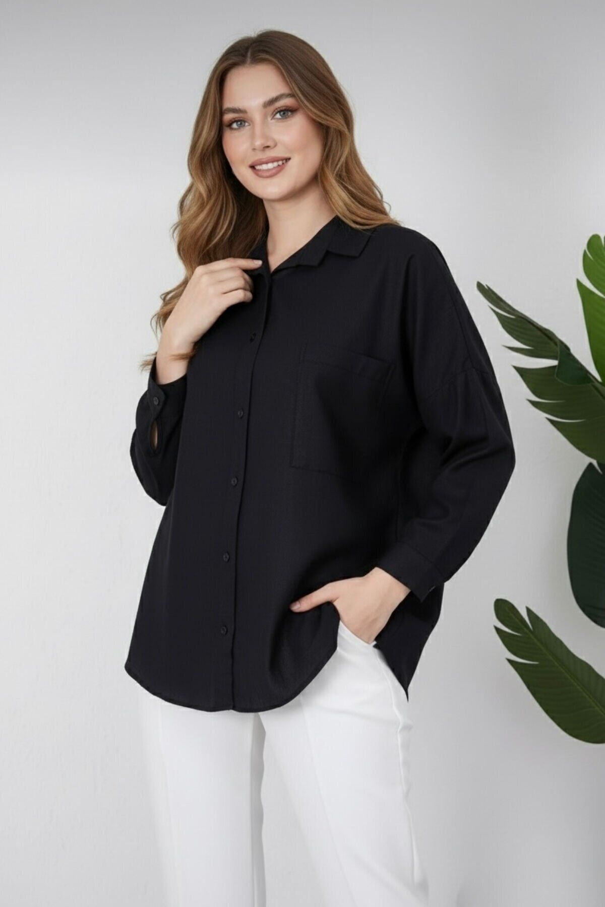 Kadın Oversize Yeni Sezon Pera Keten Gömlek 42 - siyah