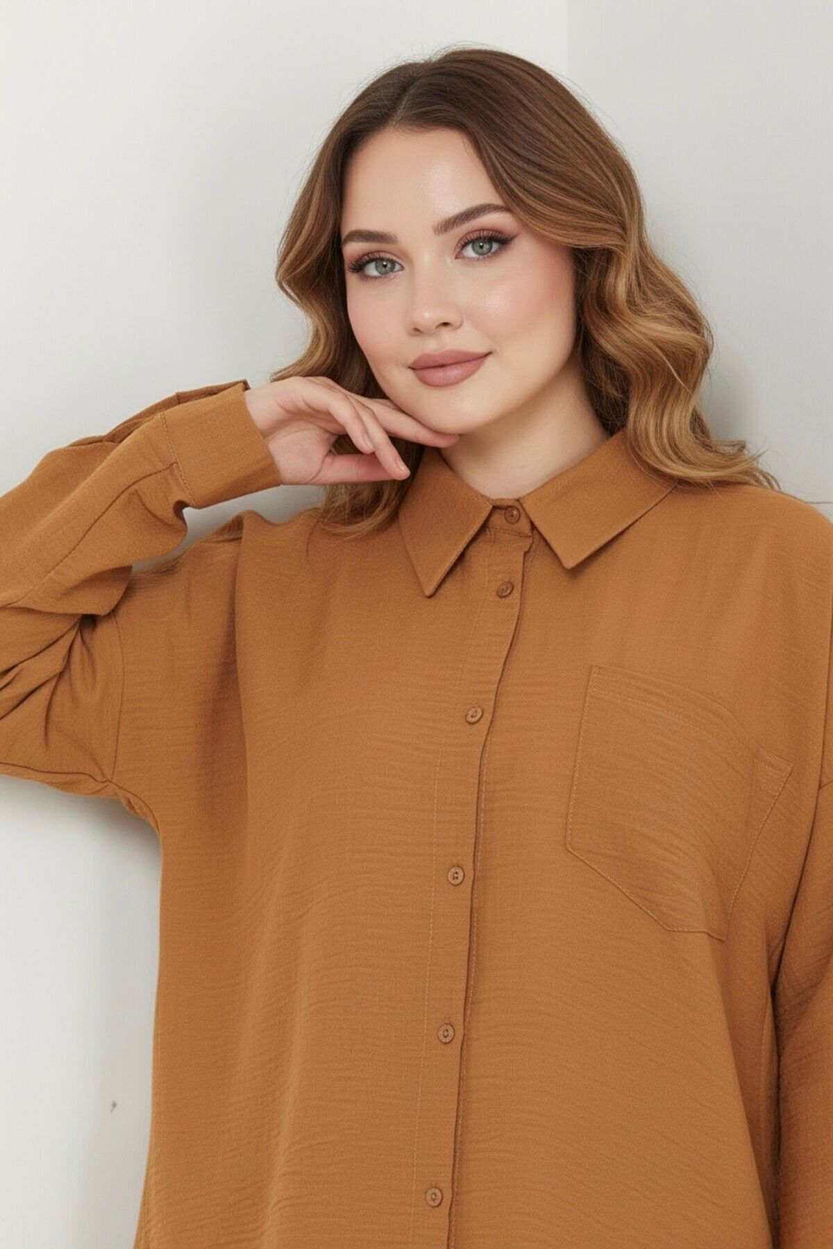 Kadın Oversize Yeni Sezon Pera Keten Gömlek 42 - Taba
