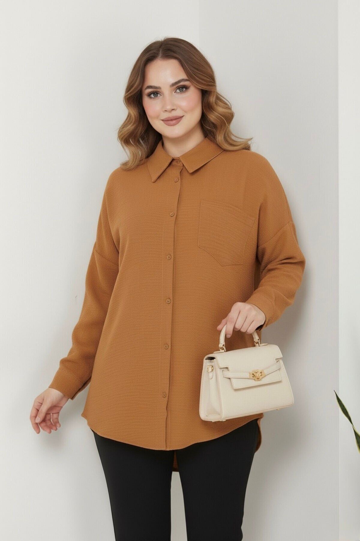 Kadın Oversize Yeni Sezon Pera Keten Gömlek 42 - Taba