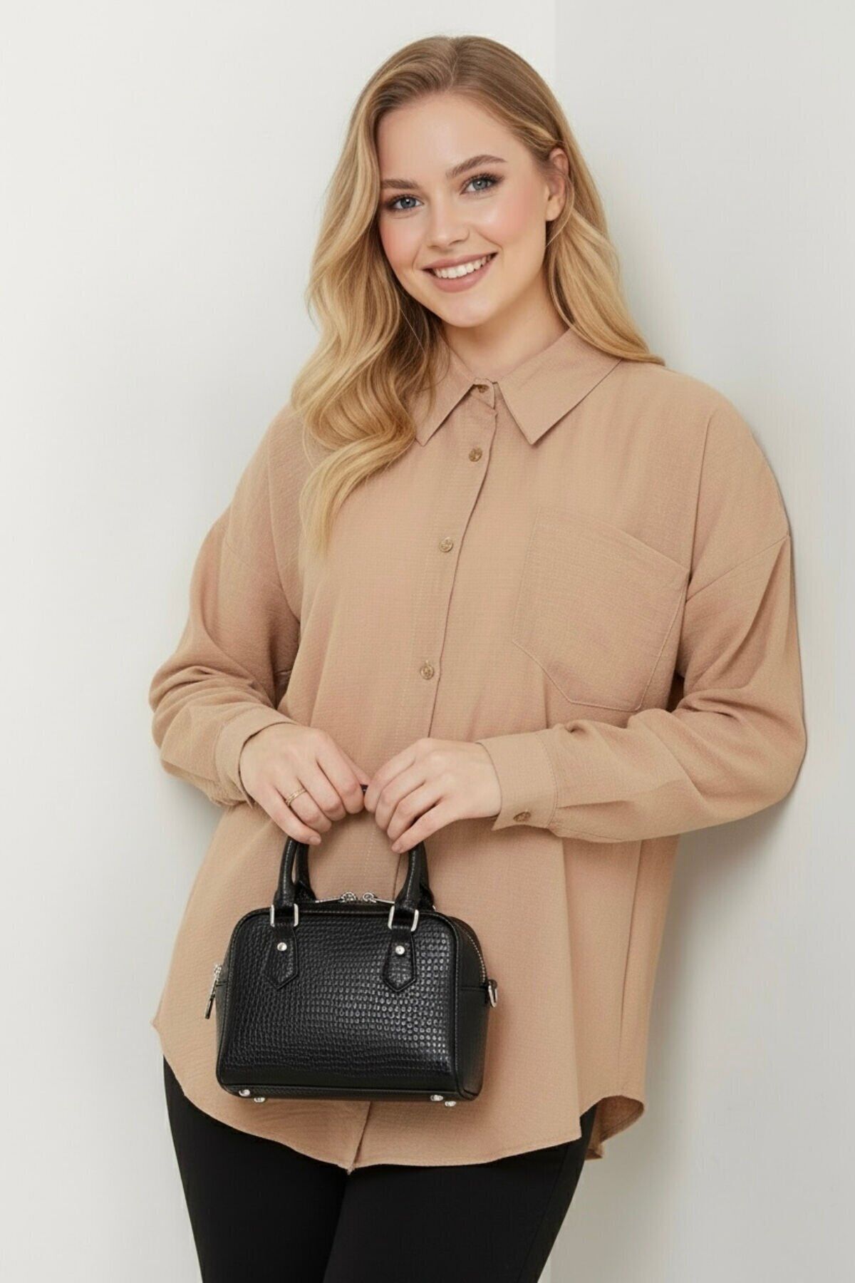 Kadın Oversize Yeni Sezon Pera Keten Gömlek 38 - Vizon