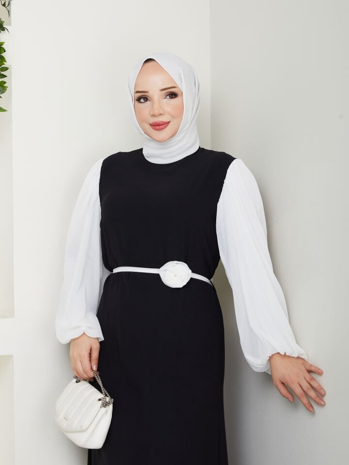 Gül Kemerli Kolları Şifon Abiye Elbise