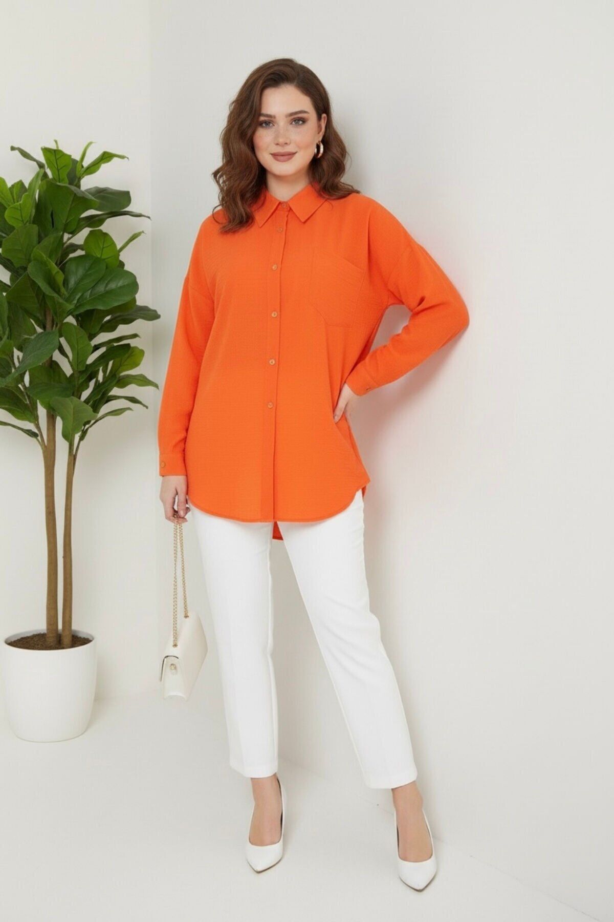 Kadın Oversize Yeni Sezon Pera Keten Gömlek 40 - Portakal