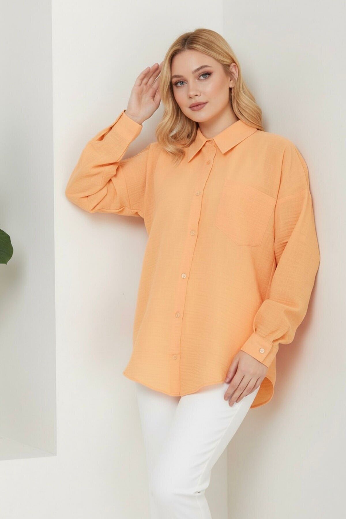 Kadın Oversize Yeni Sezon Pera Keten Gömlek 42 - Açık Turuncu