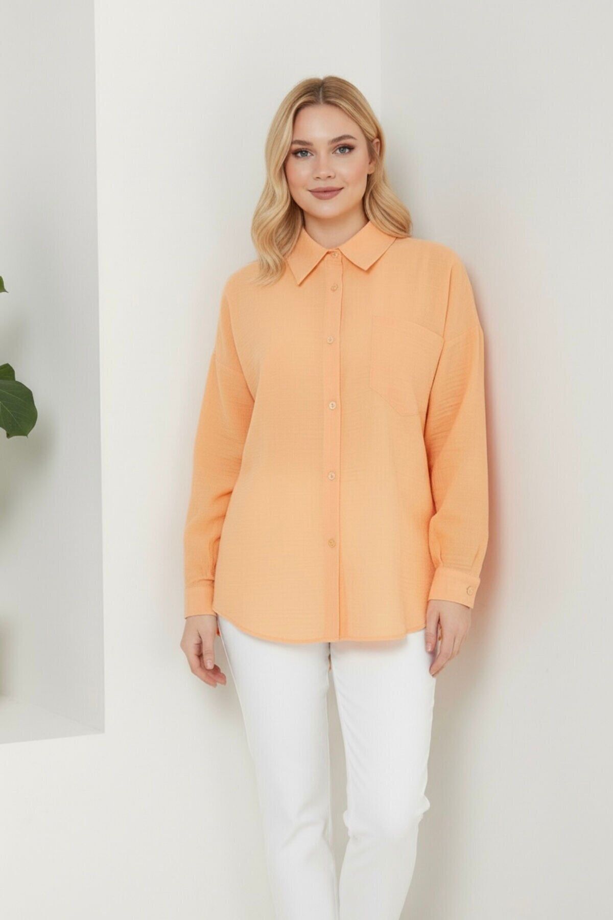 Kadın Oversize Yeni Sezon Pera Keten Gömlek 42 - Açık Turuncu